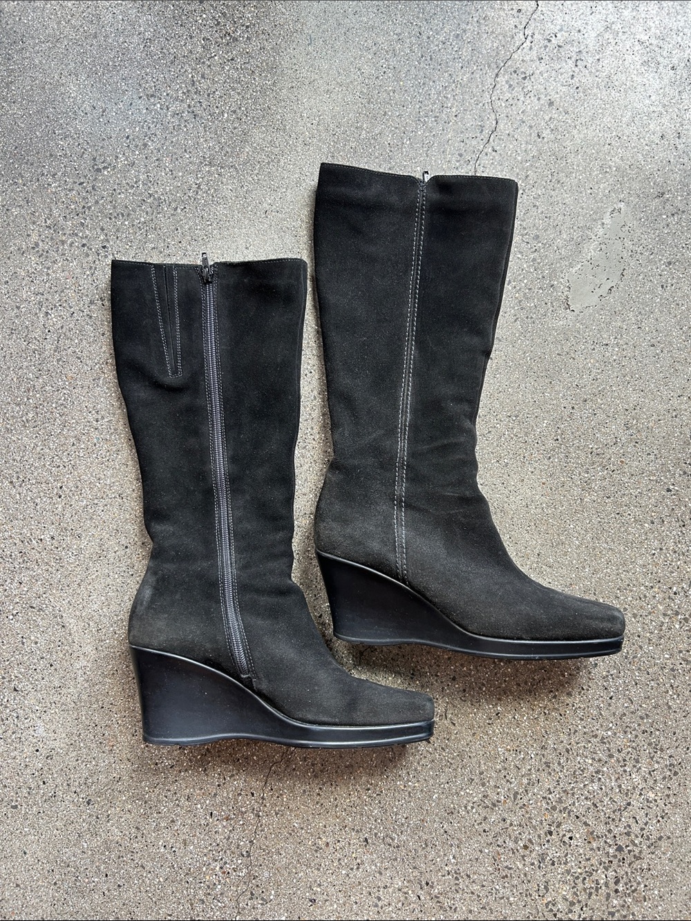 Black Suede Mid-Calf Wedge Boots